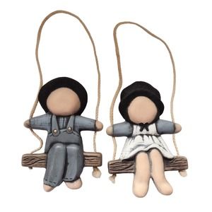 Vintage Amish Faceless Ceramic Figurines Boy Girl Swinging Set of 2